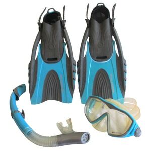 US Divers Snorkel Set Mask Fins Dry Snorkel Bag Lt Blue Size S/M 5-9.5 Women